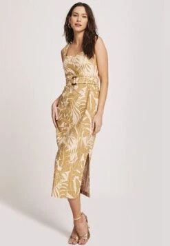 Womens Stone Leaf Print Pencil Dress