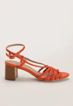 Womens Orange Strappy Block Heel Sandals