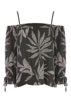 Womens Green Leaf Strappy Cold Shoulder Top