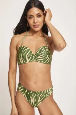 Womens Dark Green & Cream Halter Neck Bikini Top