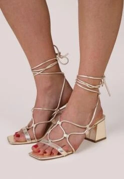 Womens Gold Ankle Tie Block Heel Sandals -Fashion Women's Clothing Sales 193049pls d16e7c7a1ca2deb