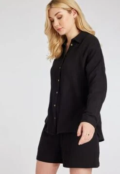 Womens Black Crinkle Cotton Shirt