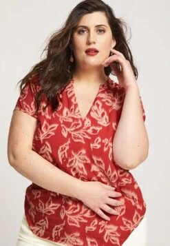 Womens Red And White Leaf Print Blouse