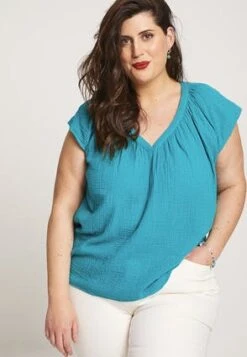 Womens Turquoise Cotton Textured Top