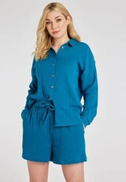 Womens Blue Crinkle Cotton Shirt