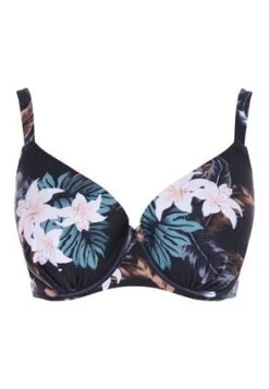 Womens E-F Blue Black Floral Print Plunge Bikini Top