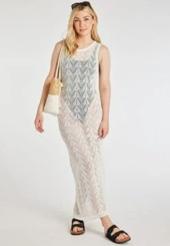 Womens White Pointelle Knitted Maxi Dress