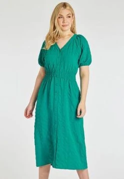 Womens Green Shirred Waist Tea Dress