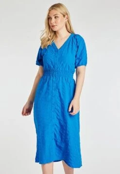 Womens Blue Shirred Waist Tea Dress