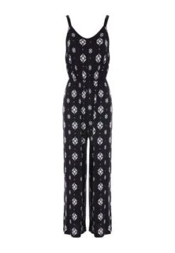 Womens Black & White Geometric Jersey Jumpsuit