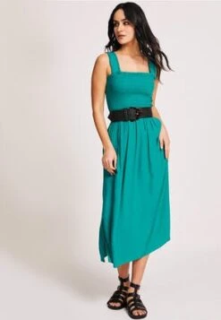 Womens Teal Shirred Bodice Summer Dress