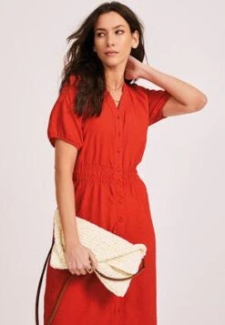 Womens Red Shirred Waist Tea Dress