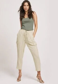 Womens Cream Linen Blend Cargo Trousers