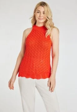 Womens Orange Crochet Halter Neck Top