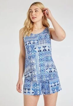 Womens Blue & White Tile Print Vest Top