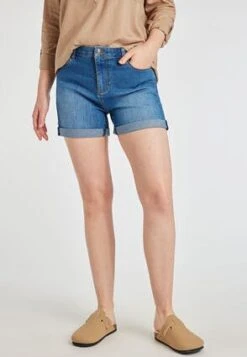 Womens Mid Blue Rolled Hem Denim Shorts