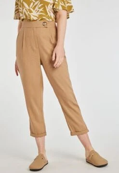 Womens Camel Linen Statement Button Trousers