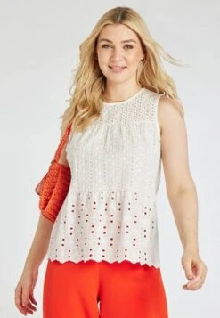 Womens White Broderie Summer Vest Top
