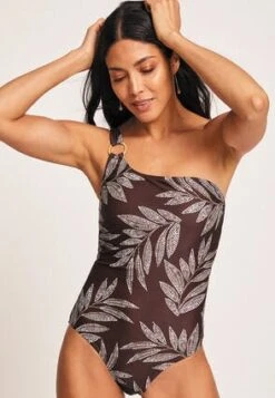 Womens Brown Leaf Print One Shoulder Control Swimsuit