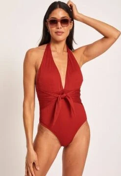 Womens Red Plunge Halterneck Swimsuit