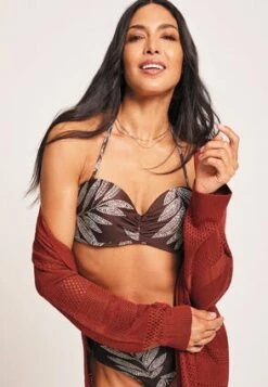Womens Brown Leaf Print Bikini Top