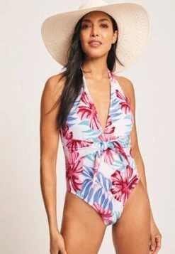 Womens White Tropical Print Plunge Halterneck Swimsuit