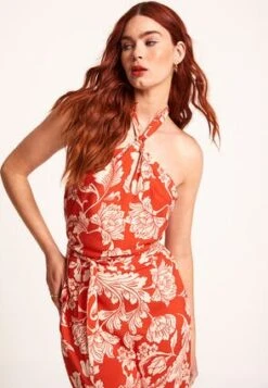 Womens Red Floral Cropped Halter Neck Co-ord Top