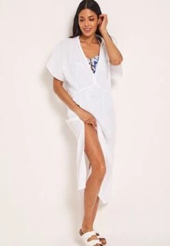Womens White Cotton Kaftan Midi Dress