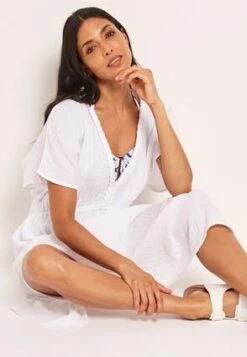 Womens White Cotton Kaftan Midi Dress -Fashion Women's Clothing Sales 196305pls e175f269610284d