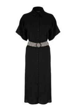 Womens Black Linen Blend Belt Shirt Dress -Fashion Women's Clothing Sales 196634pls eb5cc6bb8d71e34