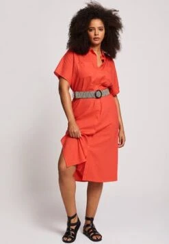 Womens Coral Linen Blend Belt Shirt Dress