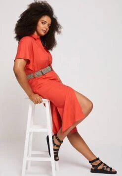 Womens Coral Linen Blend Belt Shirt Dress -Fashion Women's Clothing Sales 196641pls 531dcd229c20326