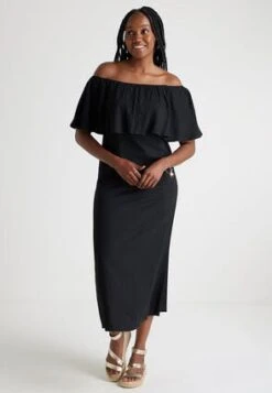 Womens Black Bardot Linen Blend Dress