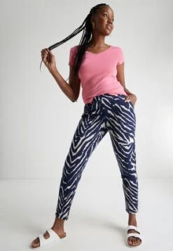 Womens Navy And White Zebra Casual Trouser