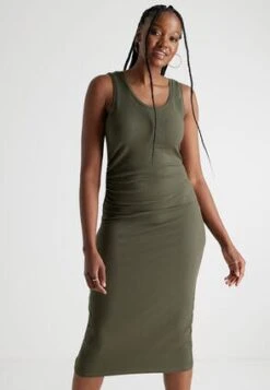 Womens Khaki Ribbed Ruched Side Dress -Fashion Women's Clothing Sales 196908pls dbfad5cc37f0ea1