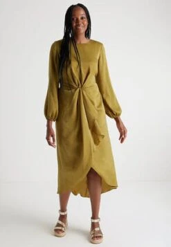 Womens Olive Green Satin Front Ruffle Dress