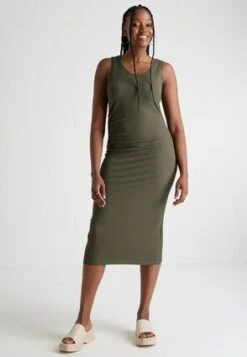 Womens Khaki Ribbed Ruched Side Dress