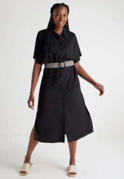 Womens Black Linen Blend Belt Shirt Dress