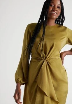 Womens Olive Green Satin Front Ruffle Dress -Fashion Women's Clothing Sales 196926pls 68b667a7c7dd942