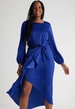 Womens Royal Blue Satin Front Ruffle Dress