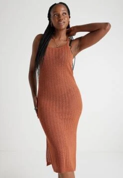 Womens Copper Lurex Pointelle Maxi Dress