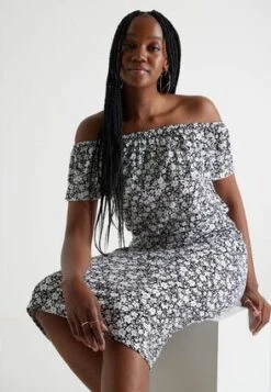 Womens Black & White Ditsy Bardot Dress