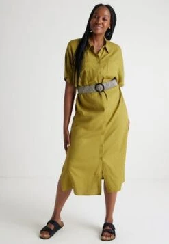 Womens Green Linen Blend Belt Shirt Dress