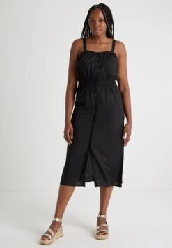 Womens Black Linen Blend Midi Dress