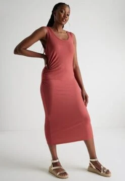 Womens Deep Orange Ribbed Ruched Side Dress