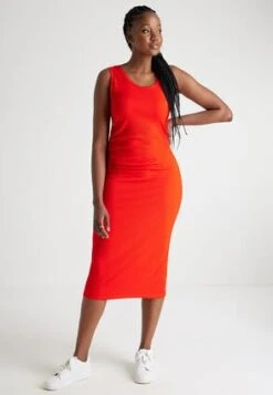 Womens Bight Red Ribbed Ruched Side Dress