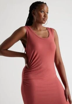 Womens Deep Orange Ribbed Ruched Side Dress -Fashion Women's Clothing Sales 197115pls b88f68ce96c7fc9