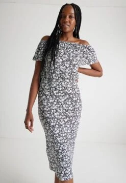 Womens Black & White Ditsy Bardot Dress -Fashion Women's Clothing Sales 197133pls 01146afdcc24e0a