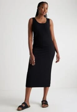 Womens Black Ribbed Ruched Side Dress
