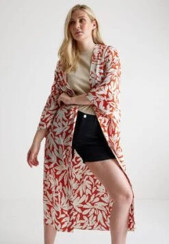 Womens Red & White Floral Print Longline Kimono